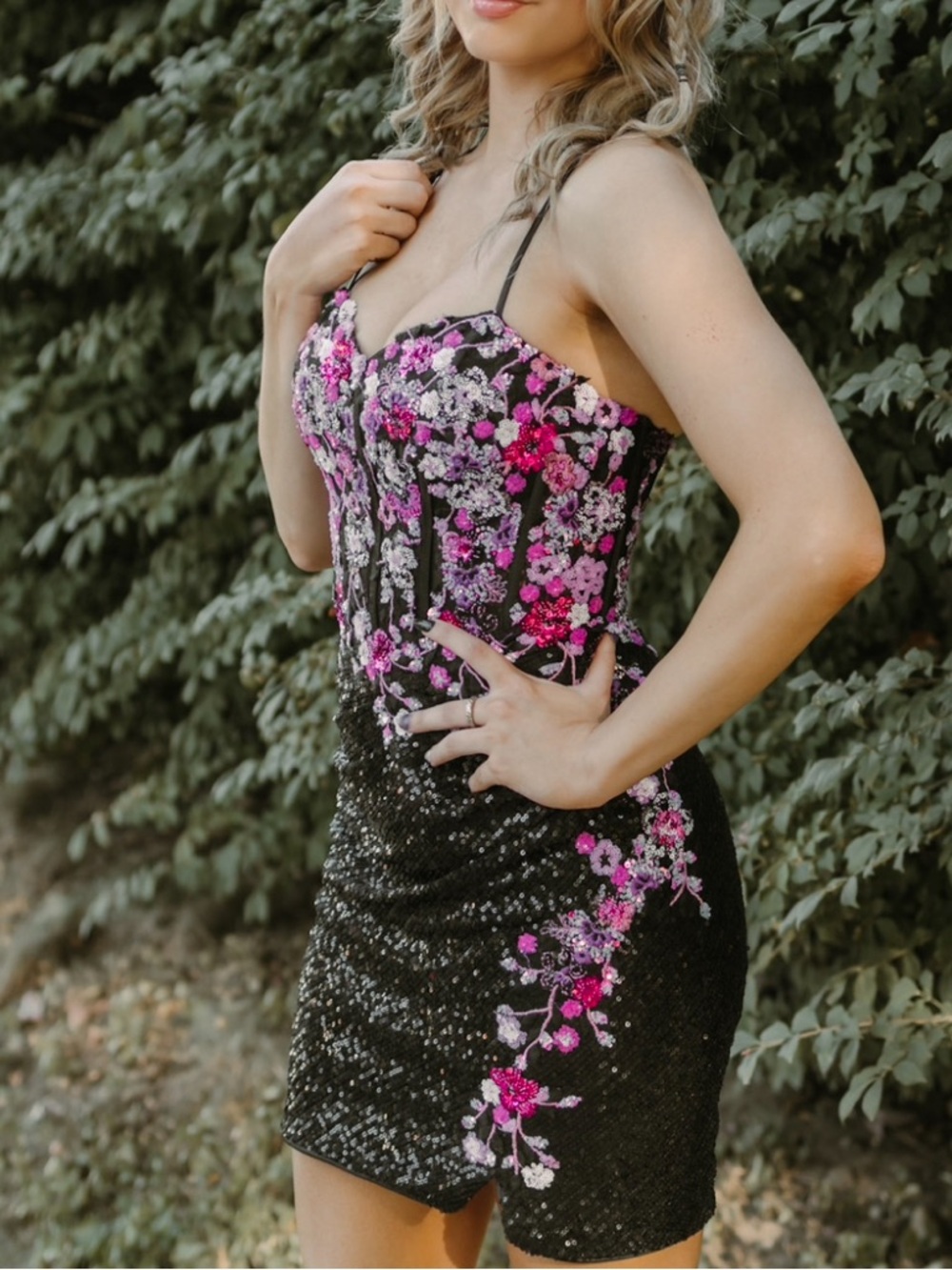 Black Sequin Mini Dress with Pink Floral Embroidery